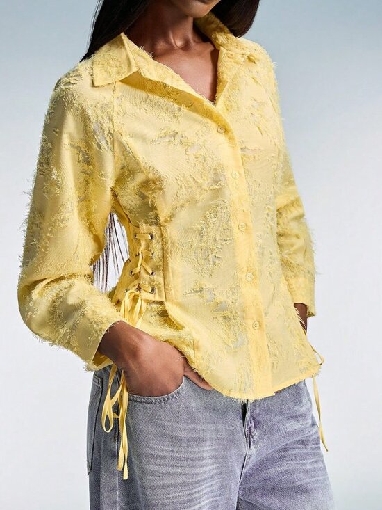 Tops - Yellow Casual Women's Polo Collar Tie-Waist Slim Long Sleeve Shirt